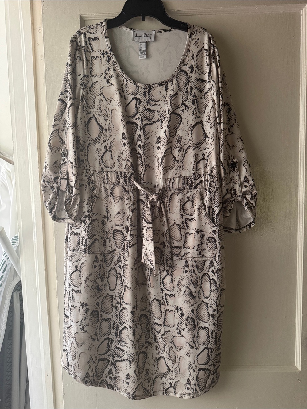 Joseph Ribkoff Cream and Black Snake-Print Tie-Waist Midi Dress
